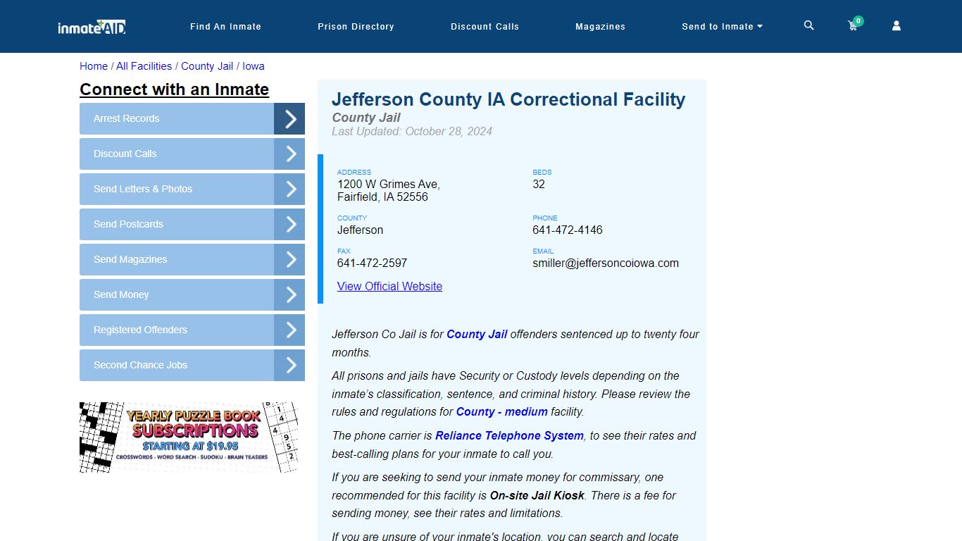 Jefferson County IA Correctional Facility - Inmate Locator